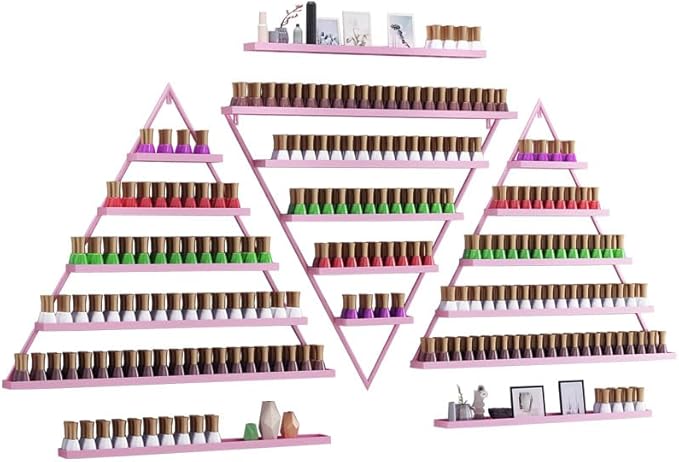Elegant Gold Wall Mounted Nail Polish Rack - Set of 6 Triangular Cosmetic Display Shelves for Essential Oil Bottles, Organize Your Lipsticks and Perfumes in Style at Home or Salon (Pink)