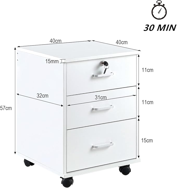File Cabinet with Lock 3 Drawer Mobile Filing Cabinet with 360° Swivel Wheels, Under Desk Storage Cabinet Wooden File Organizer for Legal/Letter/A4 Documents, Home Office Storage (White)