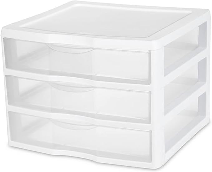 Sterilite 12-Pack Wide 3 Drawer Unit, Plastic Desktop Organizer with Clear Drawers, White Frame - Stackable Multi-Purpose Storage for Office Supplies, Craft Rooms, Classrooms and Home Organization