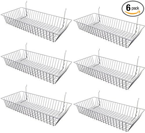Only Hangers Wire Baskets for Gridwall, Slatwall or Pegboard - Perfect For Commercial Use or Home Organization - Wire Basket 24” L x 12” D x 4” H (Set of 6) Black, White, and Chrome (WHITE)