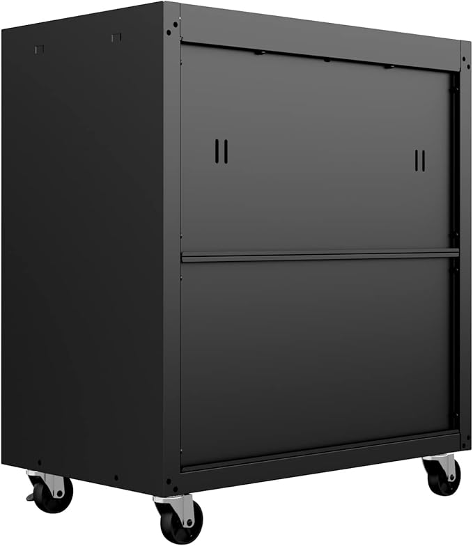 Manhattan Comfort Fortress Textured Metal 31.5" Garage Mobile Cabinet with 2 Adjustable Shelves in Charcoal Grey