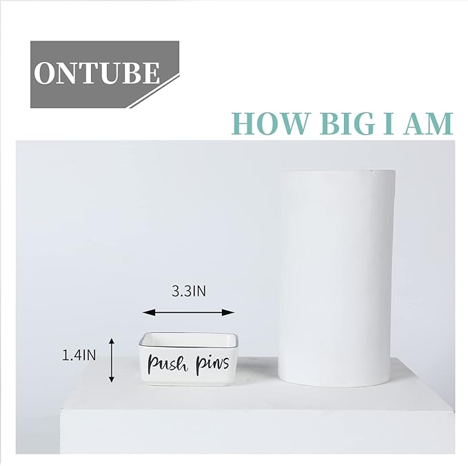 ONTUBE Farmhouse Square Push Pins Holders,Ceramic Binder Clip Dispenser Organizer for Desk, Cute Office Paper Clip Holder, 3.3 Inch (White)