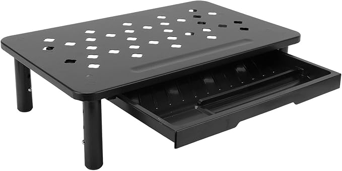 Desk Computer Riser, Monitor Stand Riser with Drawer, 3 Height Adjustable, Metal Laptop Stand, Computer Storage Shelf for PC, Desktop, Laptop, Printer, 20KG Bearing (Black)
