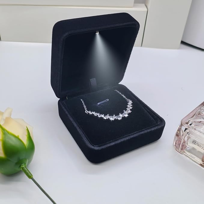 GBYAN Pendant Necklace Box with LED Light, Necklace Gift Box Velvet Jewelry Display Case for Proposal Engagement Wedding and Birthday,Black