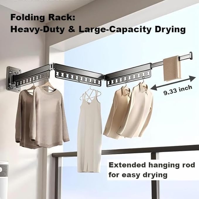 Clothes Drying Rack Wall-Mounted, 3-Fold Retractable Clothes Hanger with Windproof Holes & Detachable Design, Sturdy Foldable Laundry Rack for Balcony, Bathroom Use (Cream White)