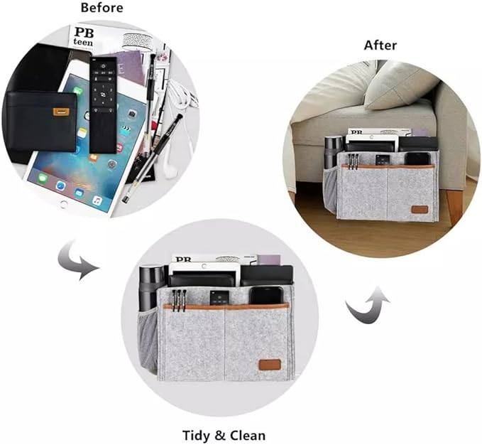 Bedside Caddy,Felt Bedside Storage Organizer, Hanging Storage for Dorm Bed Sofa for tablet Magazine Phone Remotes and Water Bottle Holder (Light Grey)