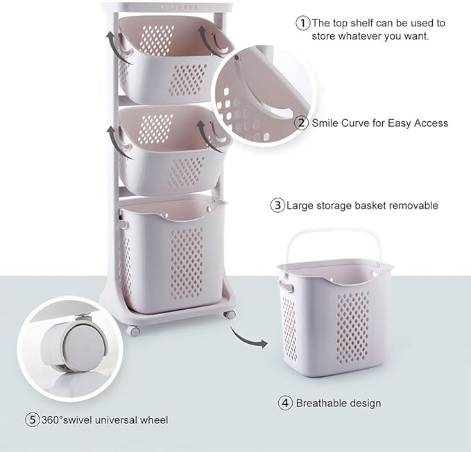 4-Tier Rolling Laundry Hamper Cart with Wheels & Removable Baskets – Tall Laundry Sorter Storage Organizer for Clothes, Bathroom, Bedroom – Free Standing Slim Laundry Basket Rack