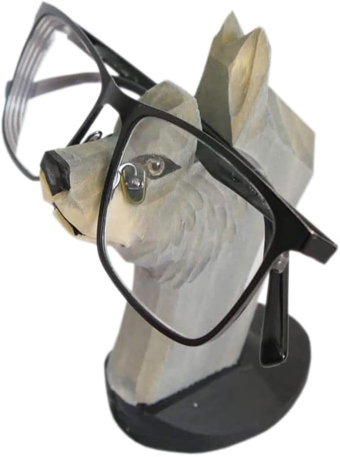 Red Dollar Handmade Wood Carved Animal Eyeglass Holder, Cute Sunglasses Display Stand, Nightstand Home Office Desk Decor, Christmas Holiday New Year Business Gift for Men Women Adults (Wolf)