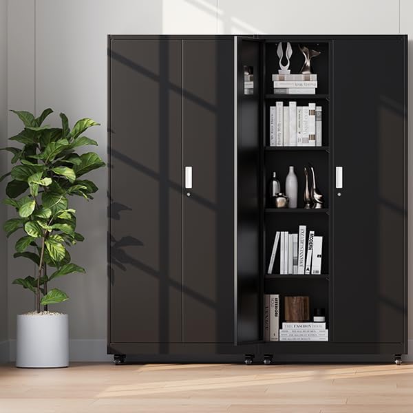 Metal Broom Closet, Garage Storage Cabinet, Tool Chest Bathroom Cabinet with Locking Doors and Wheels, 72" Tall Utility Cabinet with Hanging Rod, Freestanding Storage Cabinet for Cleaning Supplies