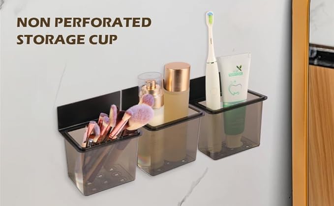 Toothbrush Holder Toothpaste Holder with Wall Mounted Metal Frame & Plastic Black Bathroom Organizer with Tape for Bathroom Toothbrush Toothpaste Floss Makeup Brush Razor - one Pack