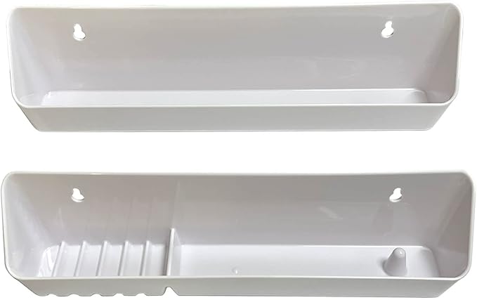 Bueyfolt 14" Kitchen Sink Front Tip-Out Accessory Trays with Mounting Screws, White, 2 Pack (Conventional Open Tray and Accessory Tray with Ring Holder and Soap Dish) Hinges are Not Included