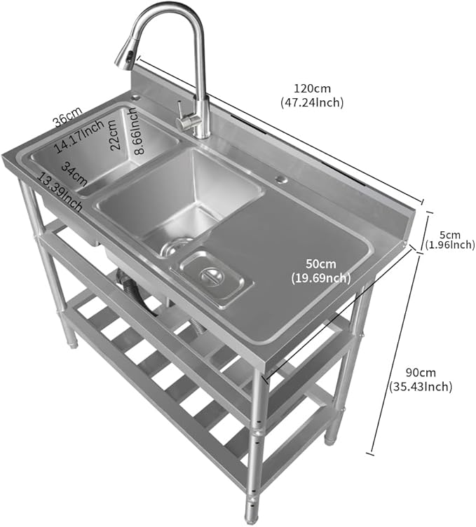 Qian Kun Free Standing 304 Stainless Steel Utility Sink with Pull Down Sprayer & Drain Pipe | NSF Certified Outdoor/Commercial Kitchen Sink (47.2 Doble Bowl Right)