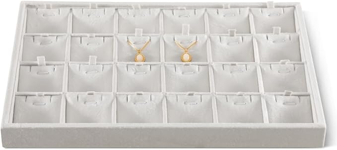 Velvet Necklace Display Tray, Stackable 24 Grid Insert Pendant Necklaces Storage Holder Plate, Jewelry Retail Countertop Organizer (White)