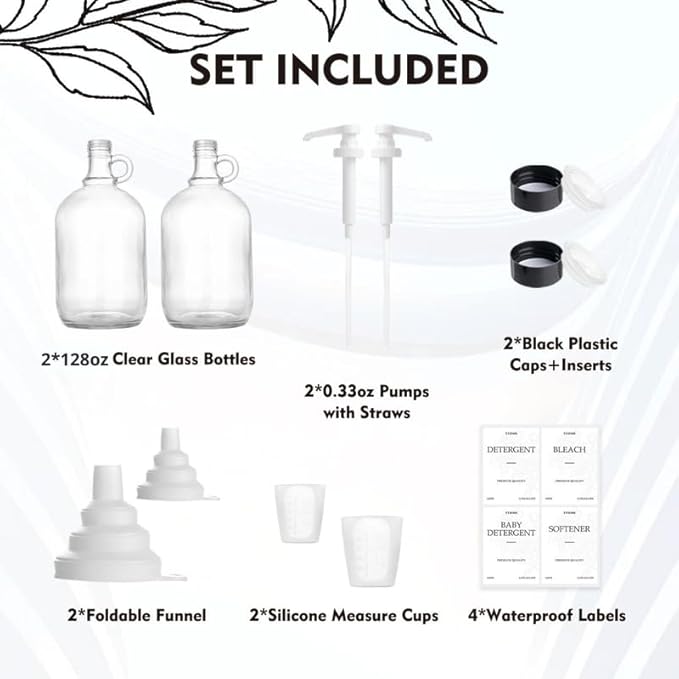 2 Pcs Glass Liquid Laundry Detergent Dispenser - One Gallon Fabric Softener Liquid Dispenser for Laundry Room (128 oz Each), Laundry Soap Dispenser - Includes Labels, Funnel, and Measuring Cups