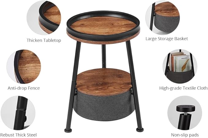 Round End Table, Round Side Table with Storage Basket,11.8*17.8”Round Sofa Table,Small Round Table,Small Coffee Table Living Room Bedroom