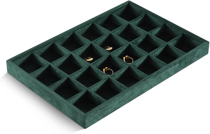 Velvet Stackable Jewelry Display Tray, 24 Grid Earring Ring Storage Tray, Drawer Divider Jewelry Accessories Organizer Plate (Green)