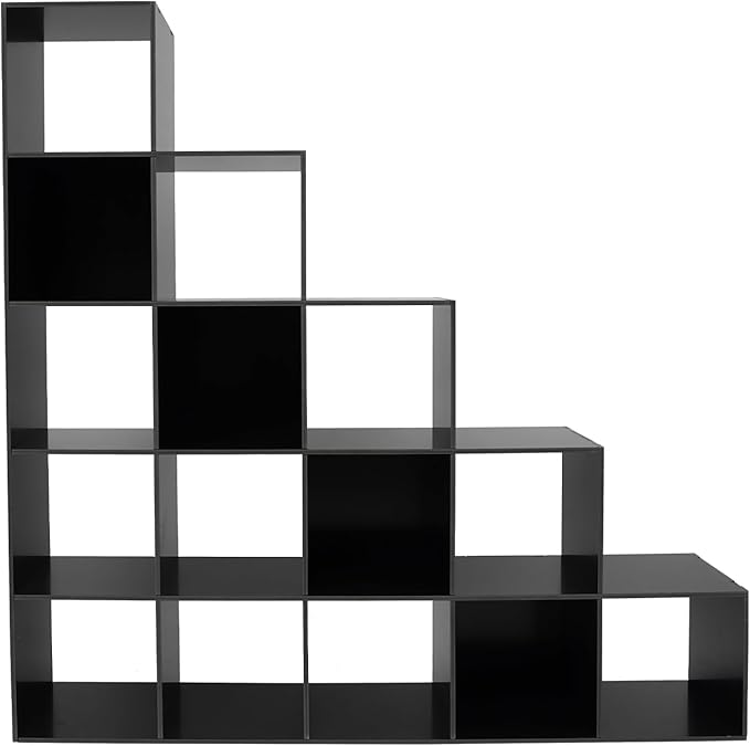 15 Cube Storage Organizer with 154 lbs Capacity, Bookcase for Study Room Bedroom Living Room, Black Ladder Cube Storage Unit for Books Toys Decor, L-Shaped Corner Bookcase Shelf