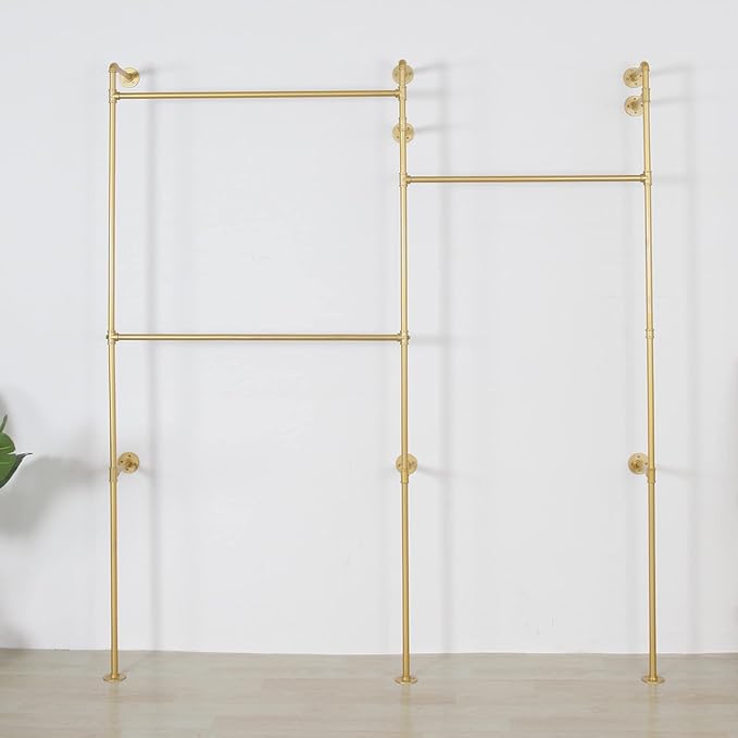 Modern Simple Industrial Pipe Double Hanging Rods Clothing Rack, Clothes Rack Wall Mounted Heavy Duty Hanging Clothes Rack, Detachable Garment Bar 93.7X84inch (Gold)