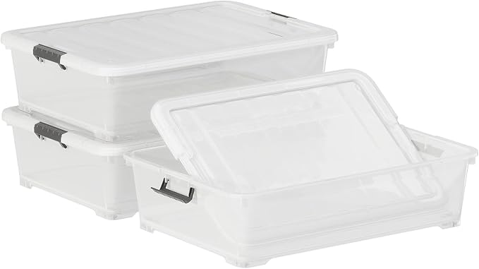 Xyskin 50 Quart Under-Bed Storage Container Organizer Bin with Latching Lids, Large Wheeled Storage Box for Garage, Closet, Clear, 3 Pack