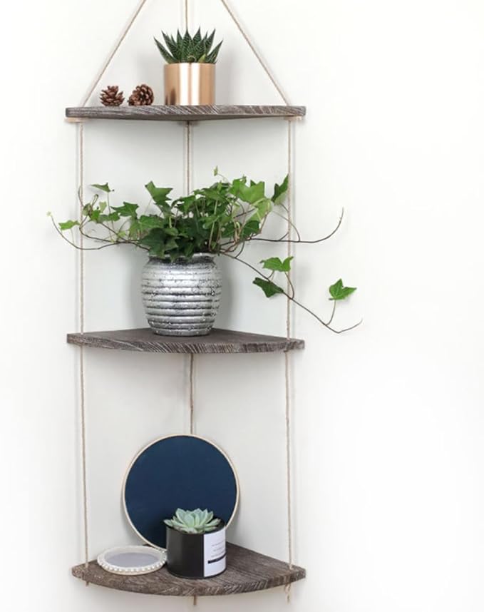 Vintage Fan-Shaped Wooden Wall Corner Shelf Rustic Brown Hanging Rack for Plants Crafts Photos Display and Home Storage Organizer