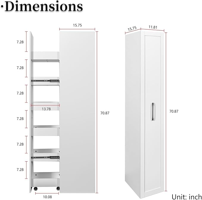 JOYSOURCE Tall Narrow Pull-Out Storage Shelf with Wheels 6-Tier Slim Rolling Storage Next to Fridge Spice Rack Shelves for Small Spaces, Kitchen, Laundry Room, Bathroom White