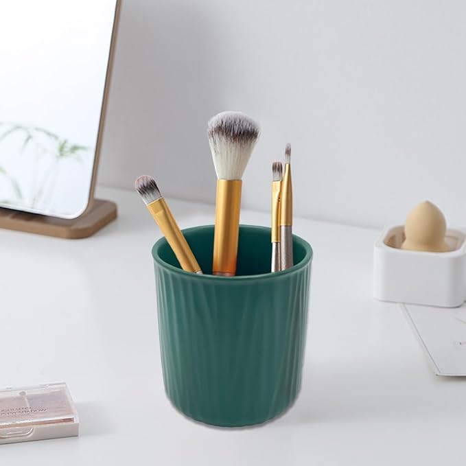 Round Ceramic Pen Holder for Desk Cute Pencil Cup Pot Desk Organizer for Girls Kids Makeup Brush Holder Dark Green