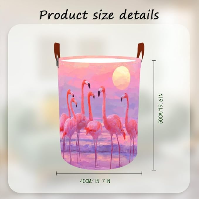 Laundry Baskets 15.7x19.7 Inch Large Pink Flamingo Sunset Beach Design Collapsible Laundry Hamper with Handles Oxford Fabric Clothes Storage Bin Foldable Dirty Clothes Organizer for Bedroom Bathroom