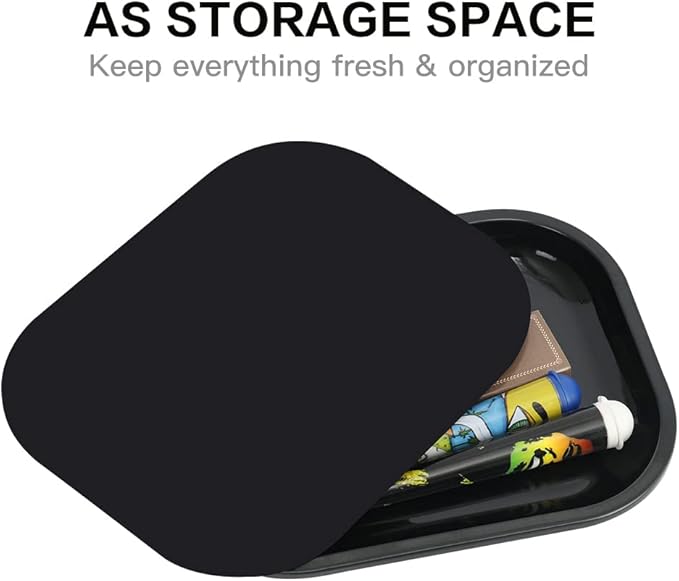 HOKirin Metal Tray with Soft Magnetic Lid,Metal Small Tray with Spill Proof Cover,Cute Black Blank Decorative Tray,Perfect for Home and On-The-Go,7” x 5.5” x 0.6“