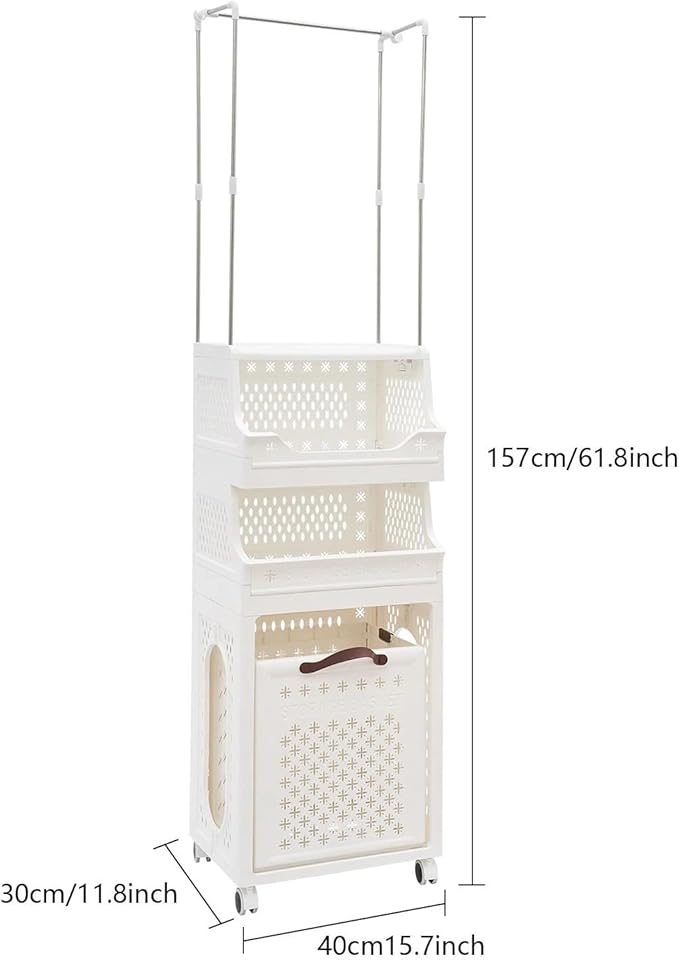 Laundry Hamper Cart, 4 Tiers Laundry Hamper Trolley, Laundry Basket, Rolling Laundry Organizer with Hanging Rack, Storage Basket with Wheels for Laundry Room