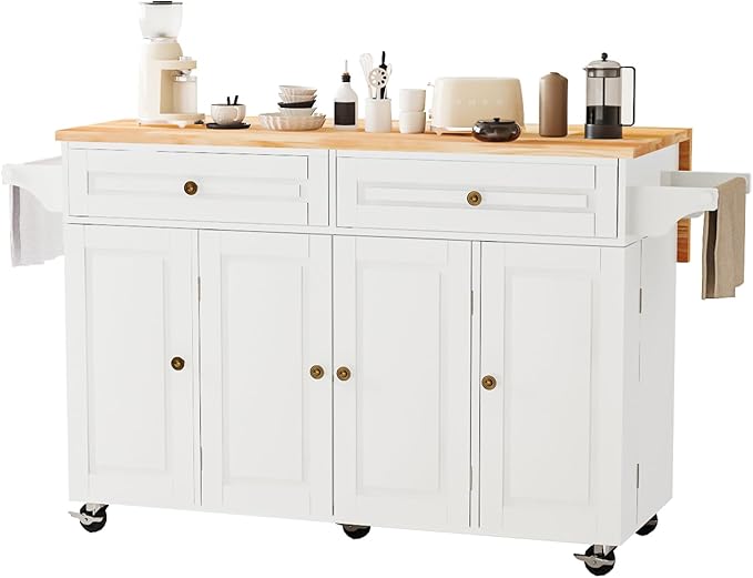 59’’ Rolling Kitchen Island Cart with Drop Leaf and Power Outlet, Movable Kitchen Islands with 3-Tier Door Storage Shelf, Island Table on Wheels, 2 Large Drawers, Towel Racks, White
