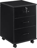 File Cabinet with Lock 3 Drawer Mobile Filing Cabinet with 360° Swivel Wheels, Under Desk Storage Cabinet Wooden File Organizer for Legal/Letter/A4 Documents, Home Office Storage (Black)