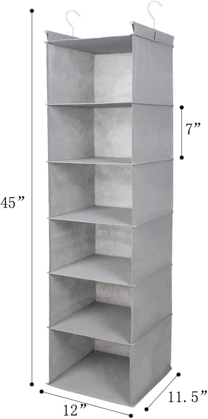 MAX Houser 6 Tier Shelf Hanging Closet Organizer, Closet Hanging Shelf with 2 Sturdy Hooks for Storage, Foldable (Light Grey)