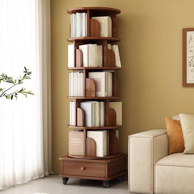 Rotating 360° Corner Bookshelf, 6-Tier Wood Bookcase with Wheels, Space-Saving Narrow Organizer for Bedroom, Living Room, and Study, Walnut Brown