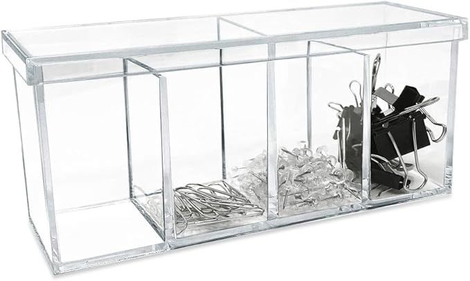 Isaac Jacobs 4-Compartment Clear Acrylic Organizer with Lid (9” L x 3” W x 4” H), Makeup Brush Holder, Sectional Tray, Storage Solution for Makeup, Crafts, Office Supplies & More (1, Clear)
