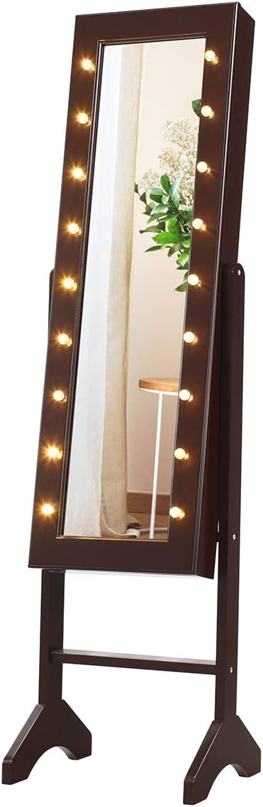Giantex Standing Jewelry Armoire with 18 LED Lights Around the Door, Large Storage Mirrored Jewelry Cabinet with Full Length Mirror, 16 Lipstick Holders, 1 Inside Makeup Mirror (Brown)