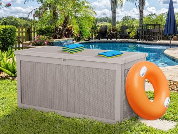 320 Gallon Large Deck Box,Resin Outdoor Storage Box with Lockable for Patio Furniture, Pool Accessories, Garden Tools Waterproof Outside Storage Box, Grey Pattern