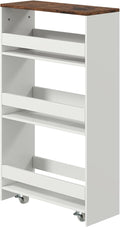 POWERSTONE 4-Tier Slim Storage Cart, Narrow Kitchen Rolling Cart w/Handle & Open Shelves, Skinny Slide Out Utility Organizer Trolley for Kitchen Bathroom Laundry Small Spaces White & Rustic Brown