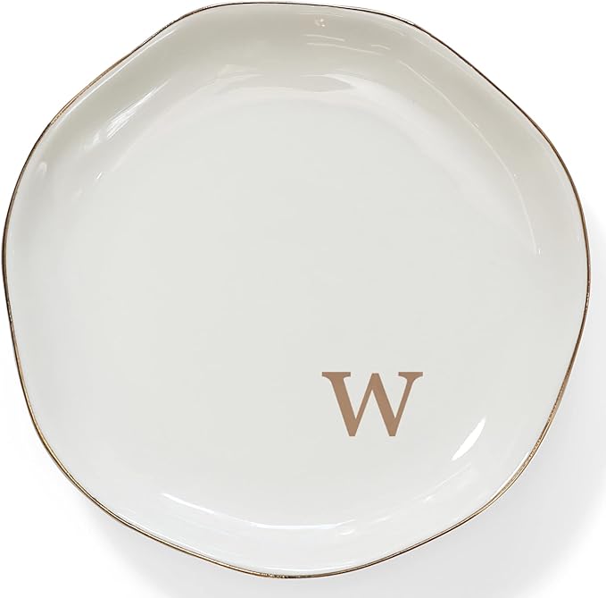 HOME SMILE Initials Ring Dish Jewery Tray with Personalized W-Monogrammed Engagement Wedding Gifts for Friends,Sister,Birthday Christmas Gifts for Women,Ceramic White