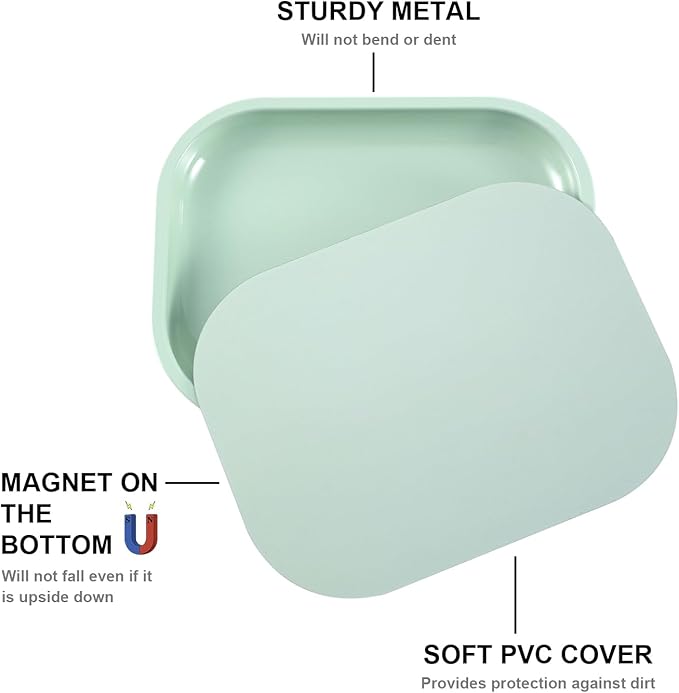HOKirin Metal Tray with Soft Magnetic Lid,Metal Small Tray with Spill Proof Cover,Cute Blank Decorative Tray,Perfect for Home and On-The-Go,7” x 5.5” x 0.6"",Matcha, ZTZ0017