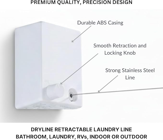 Dryline Retractable Clothesline, White, Indoor Outdoor Wall Mounted Drying Rack, 15kg Weight Capacity, 4.2m Length, for Laundry Room, RV, Bathroom