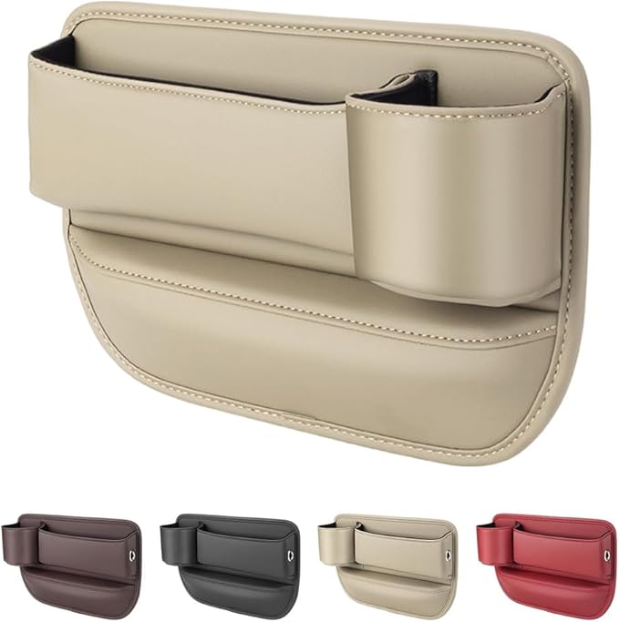 Car Leather Cup Holder Gap Bag,2025 Upgrade Car Storage Box with Cup Holder,Seat Storage Box Gap Filler Organizer for Glasses Phone Keys and Cards (Beige, Passenger Seat)