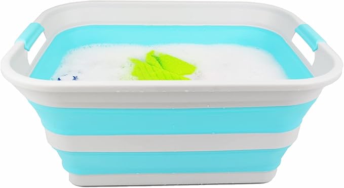 SAMMART 42L Collapsible Plastic Laundry Basket - Foldable Pop Up Storage Container/Organizer - Portable Washing Tub - Space Saving Hamper/Basket (Grey/Cyanine, 1)