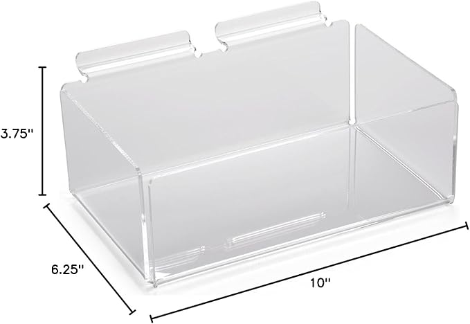 Displays2go Set of 5, Clear Acrylic Bin for Slatwall, Single Compartment, 10" w x 3.75" h x 6.25" d