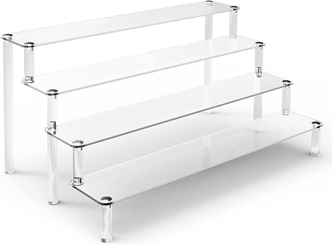 ULENDIS Acrylic Stands for Display, 4 Tier Clear Display Stand Risers Shelf for Cupcakes Perfumes Figurines, Tabletop Cupcake Stand for Decorating & Organizing (16" x 12.4" x 7.7")