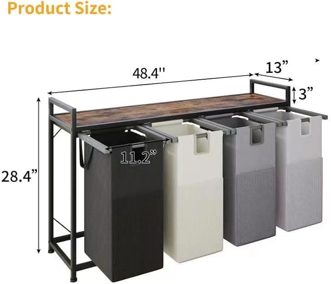 Laundry Basket Four Laundry Hamper with Removable Bags, Fabric Handles, Large Top Shelf and Laundry Bag for Bathroom, Dorm, Laundry Room