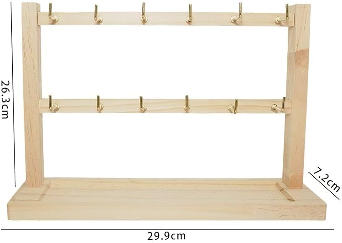 2 Layers of Wooden Display Eacks With Hooks for Necklaces. Rings, Earrings, Bracelets, And Other Jewelry Storage Display Rack