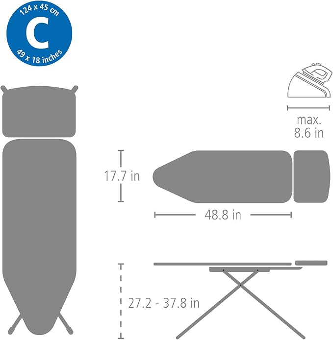 Brabantia - Ironing Board C - Extra Large Steam Unit Holder - Adjustable in Height - Non-Slip Rubber Feet - Cotton Cover with Foam Layer - Foldable XL Unit - Titan Oval - 49 x 18 inches