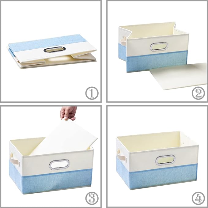 PRANDOM Large Fodable Storage Baskets for Closet [3-pack] Decorative Fabric Storage Bins Cubes with Leather/Metal Handles for Shelves Bedroom Living Room Blue&Cream (14.9x9.8x8.3 Inch)