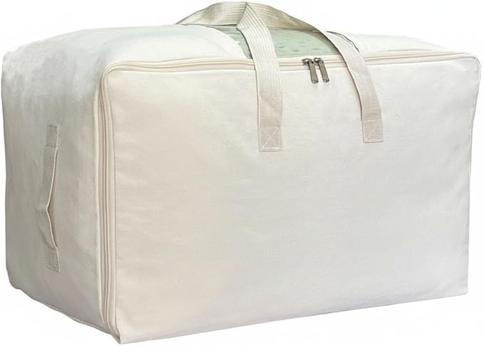 Soft Large Canvas Comforter Storage Bags with Four Carrying Handles and Clear Window, Closet Organizer for Clothing, Blankets Sheets Pillows and Bedding, 80L, Beige