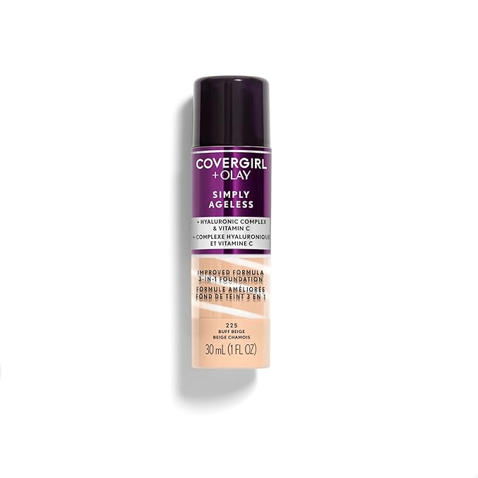 COVERGIRL & Olay Simply Ageless 3-in-1 Liquid Foundation, Matte Finish, Hyaluronic & Vitamin C Formula, 225 Buff Beige, 1 Count